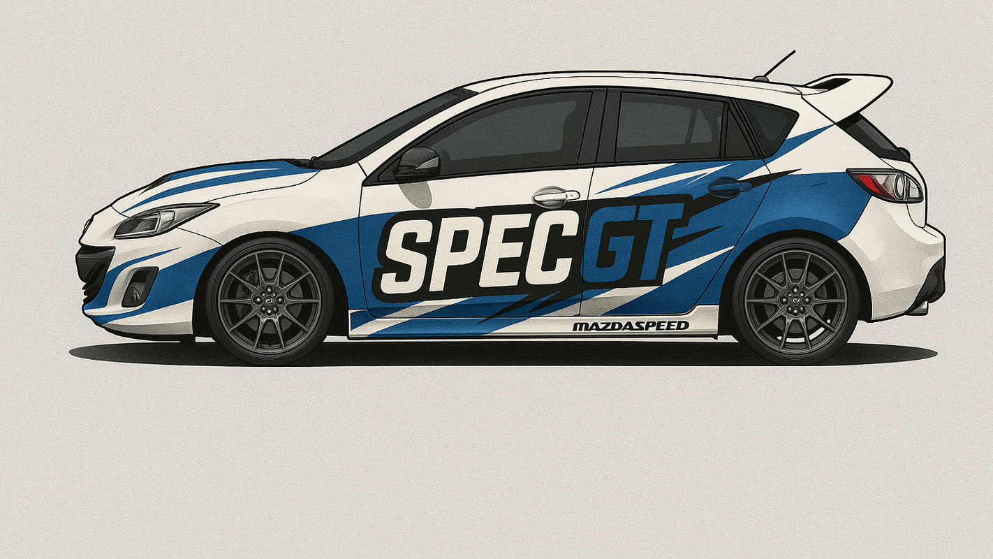 Side view of a MazdaSpeed car with 'SPEC GT' branding on a light gray background